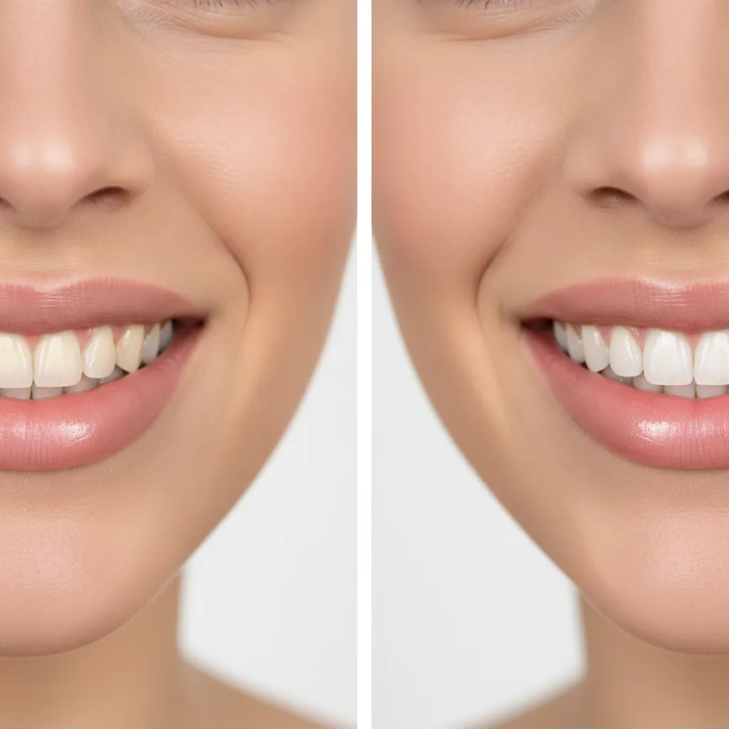 Sorriso radiante mostrando dentes brancos e saudáveis em close-up profissional, iluminação estúdio suave, fundo branco limpo