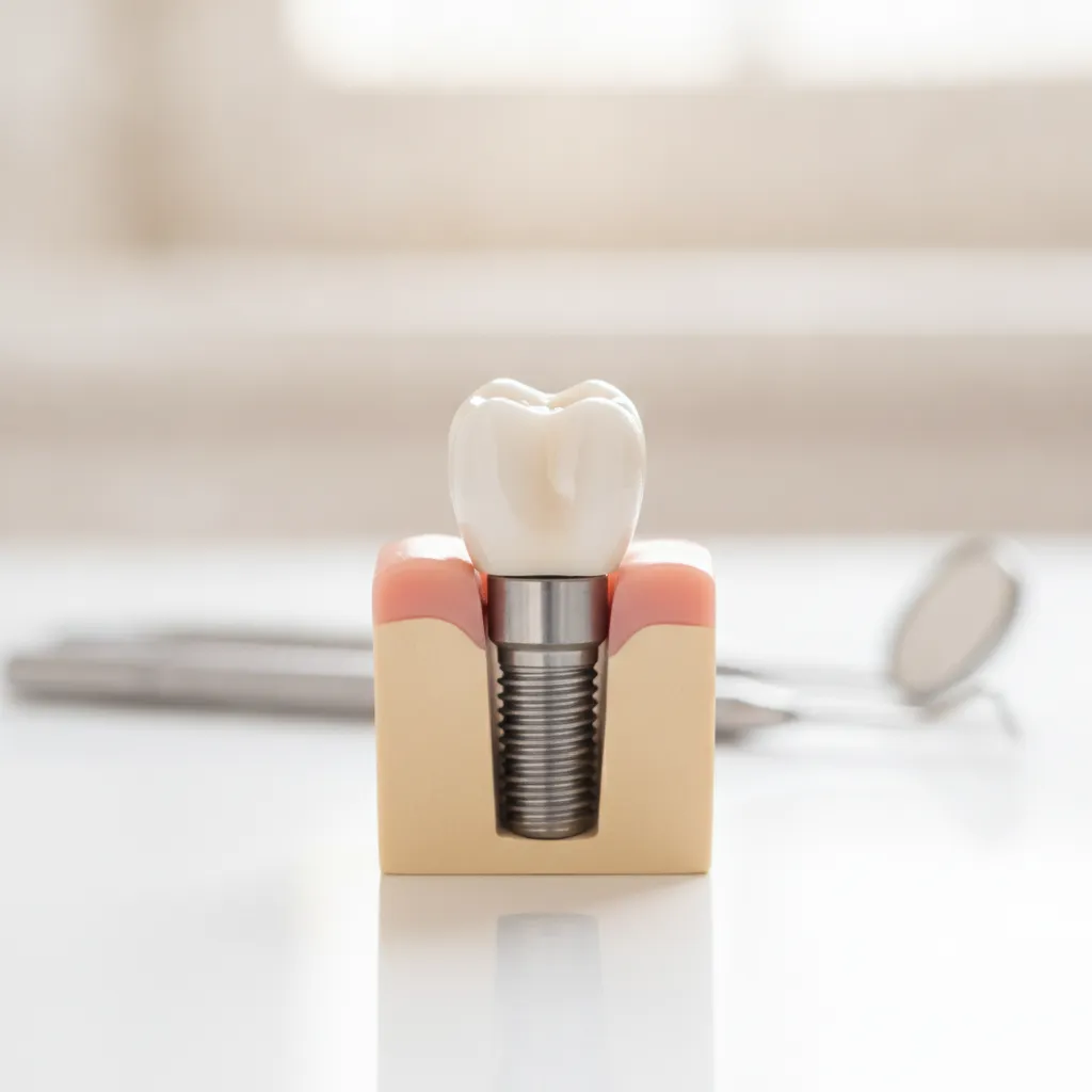 Implante dentário de titânio com coroa de cerâmica em fotografia de estúdio profissional, destaque para componentes biocompatíveis