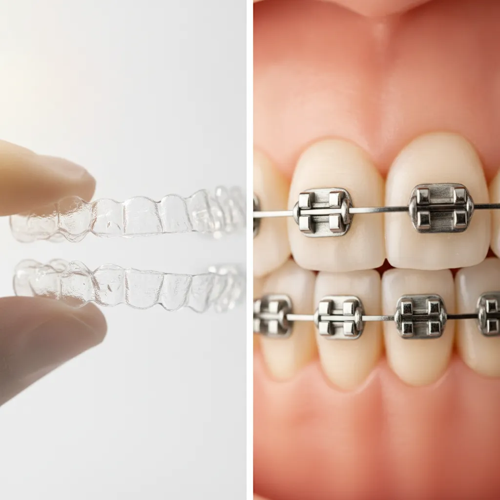 Comparação de alinhadores transparentes Invisalign e aparelho fixo metálico lado a lado em fotografia profissional de odontologia