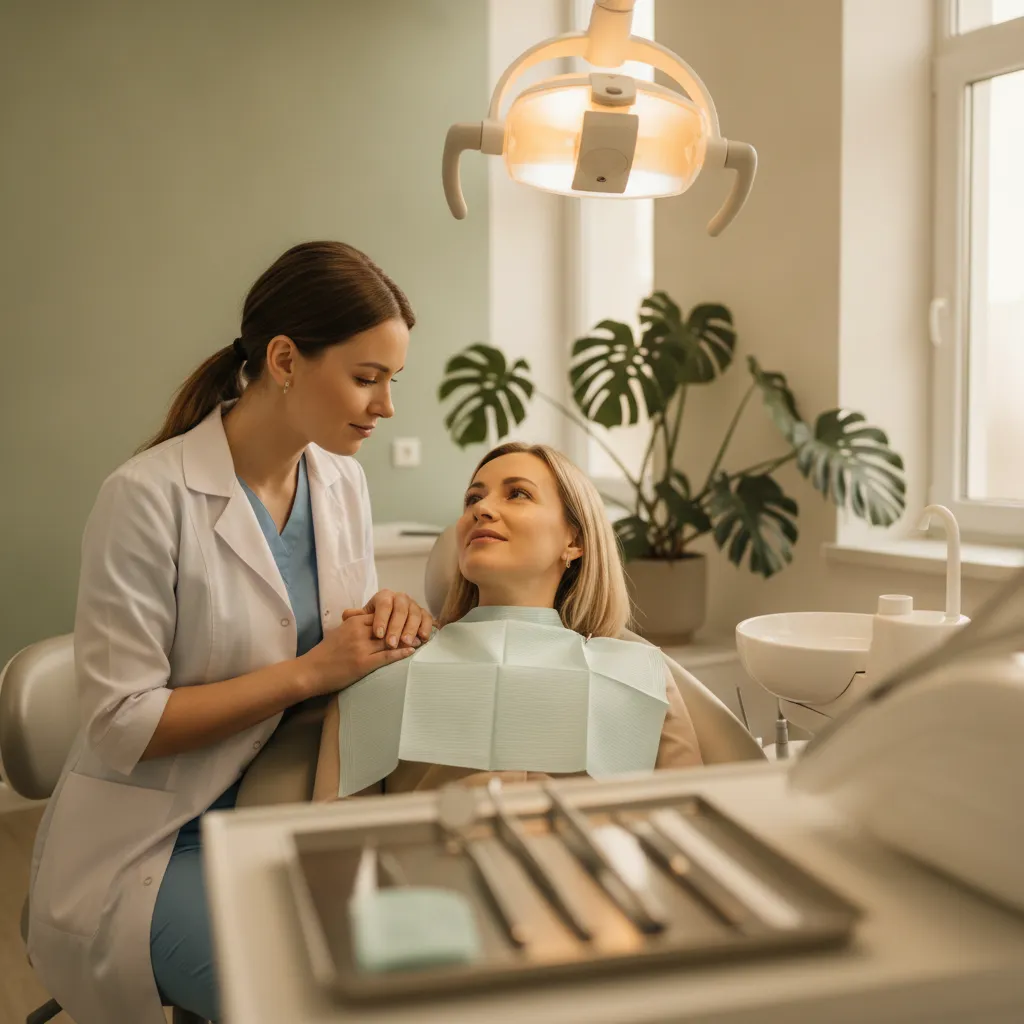 Dentista mulher segurando mão de paciente em consultório acolhedor com iluminação morna e plantas, transmitindo confiança e humanização