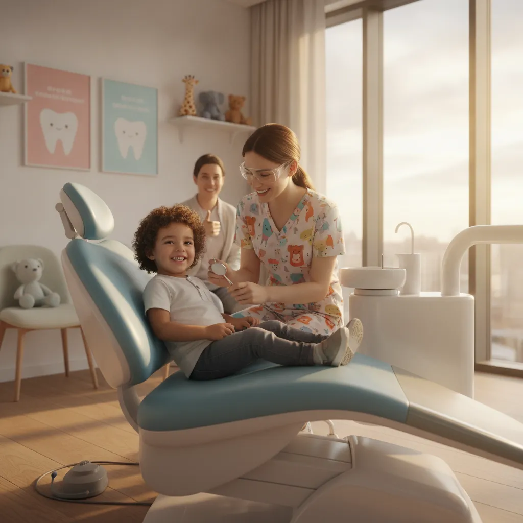 Criança sorridente sentada em cadeira odontológica infantil moderna com dentista acolhedor ao fundo em consultório luminoso e seguro